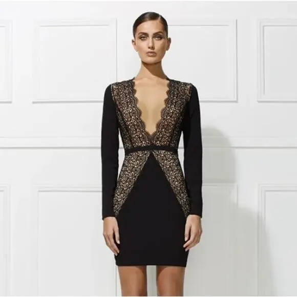 Misha Collection Paulina Scalloped Lace Trim Sheath Cocktail Mini Dress | M - Picture 2 of 13